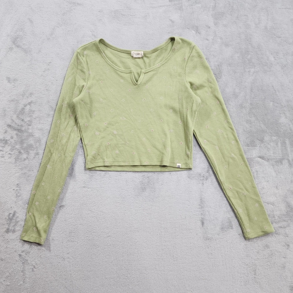 Billabong Top Womens S Green Pink Floral Waffle Knit Cropped Thermal Long Sleeve